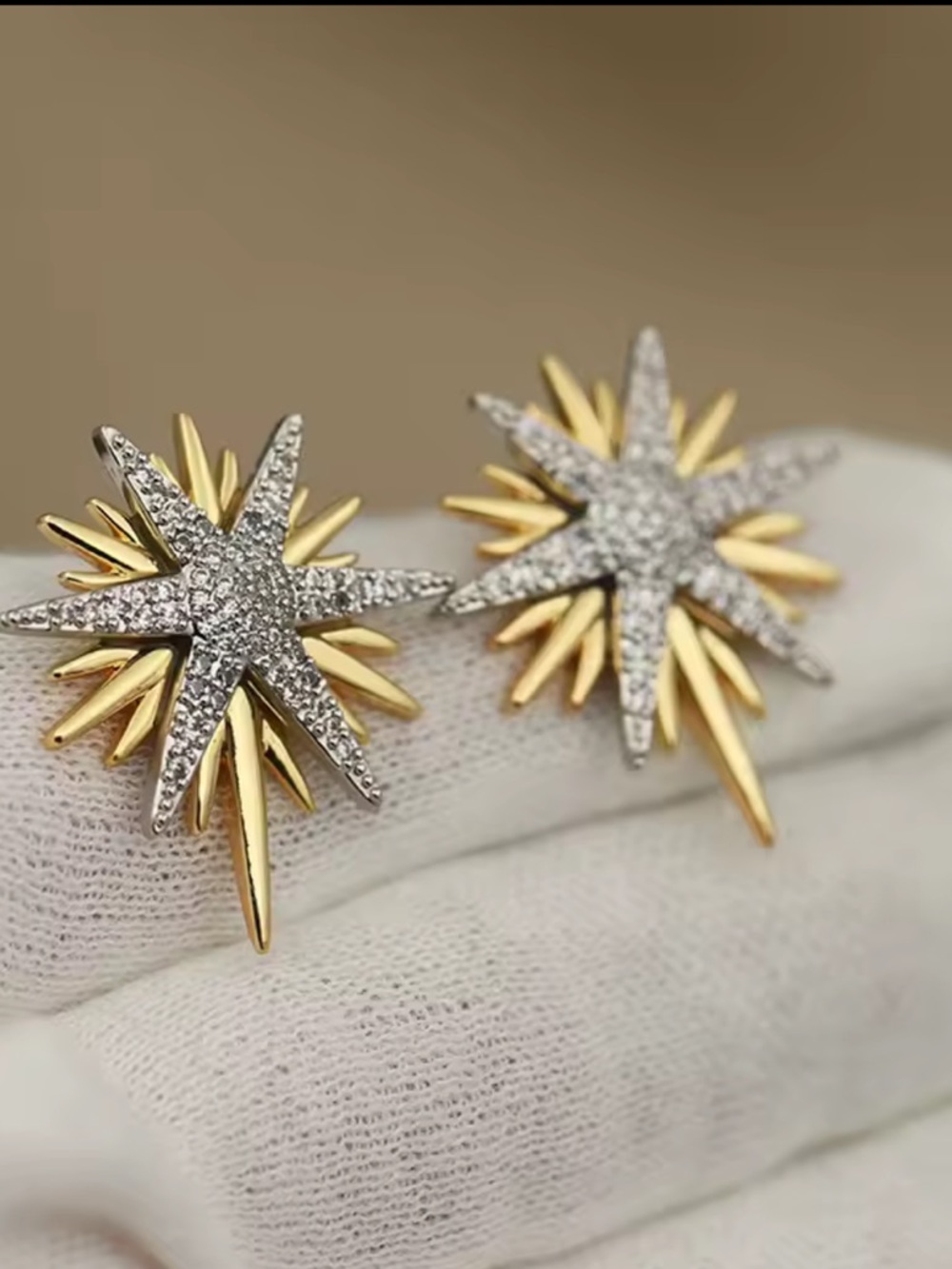 Designer inspired Gold & Silver Starburst Pavé Crystal Stud Earrings - Jewelry